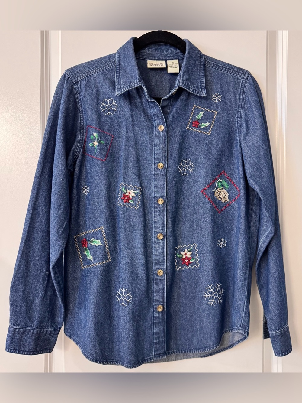 #x536 - Classic Elements Winter Holiday Embroidered Medium Wash Blue Denim Shirt